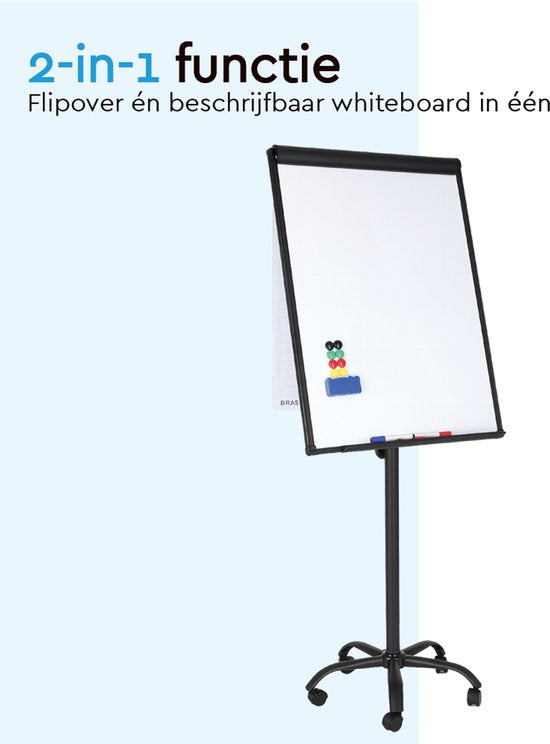 BRASQ Flipchart Mobile - 70x100 cm - Verstellbares Whiteboard - Inklusive 25 Blatt Papier, 4 Marker, 8 Magnete, Radiergummi - Flipchart mit Papierklammer und Haken - Magnettafel - Magnettafel - Schwarz