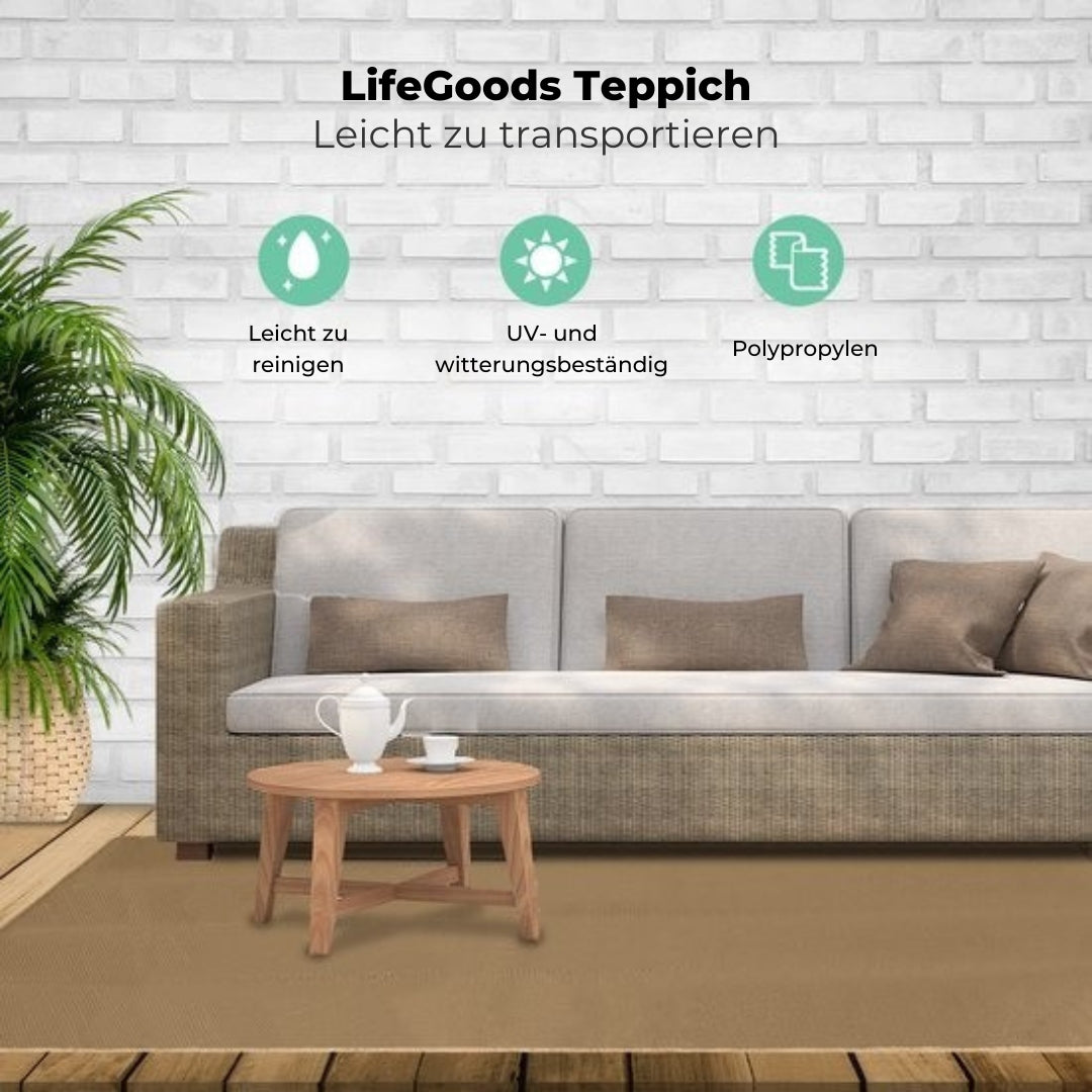 LifeGoods Outdoor-Teppich - 152x230CM - Gartenteppich - Inkl. Tragetasche - Beige