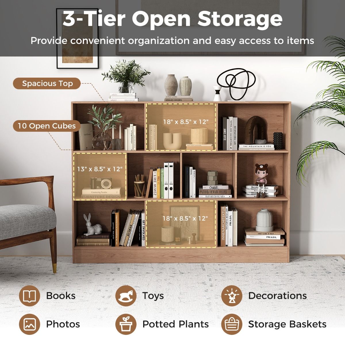 Coast Bücherregal – 10 offene Fächer – 3 Ebenen – 140 cm – Naturholz