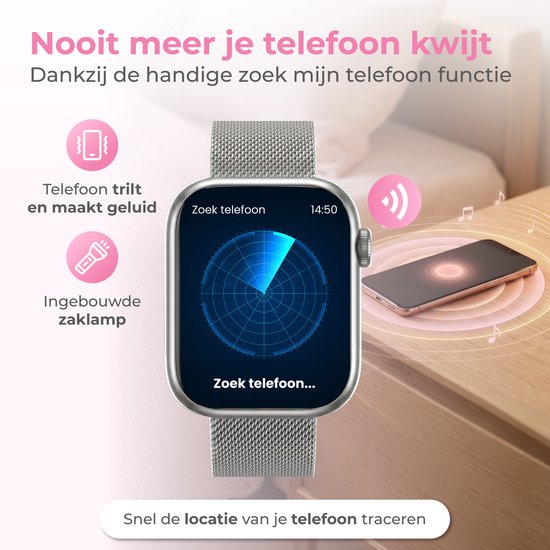 Nuvance Smartwatch für Damen – Smartwatch für Herren – Schrittzähler-Uhr für Damen – Herzfrequenzmesser – Sportuhr – Kompatibel mit iOS/Android – AMOLED – Inkl. 5 Armbänder – Silber