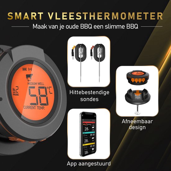 MostEssential AT-02 Fleischthermometer - Smart BBQ Thermometer - Inklusive Bluetooth, App & 2 Messfühler