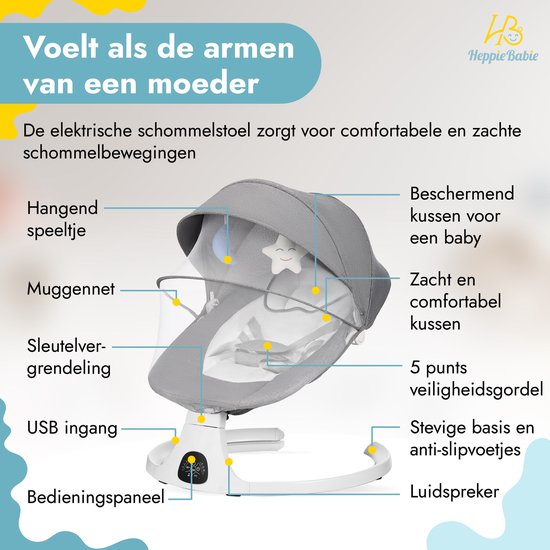 HeppieBabie Electric Rocker - Musik- und Schaukeloptionen - 5-Punkt-Gurt - Babyschaukel - Babyschaukel - Mit Ebook