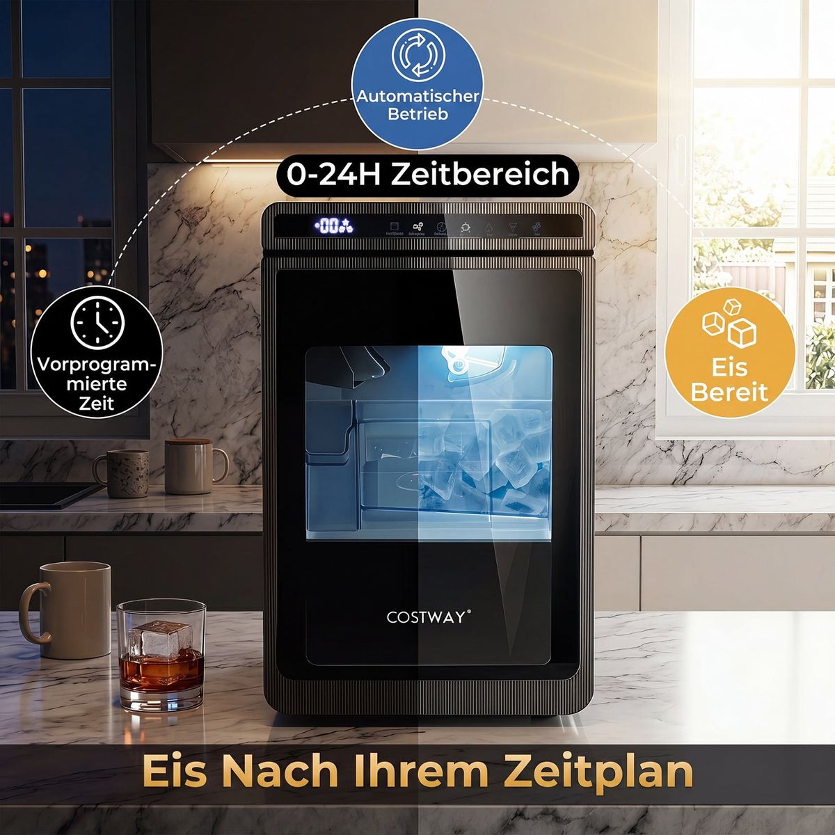 Coast Eiswürfelmaschine – 2 Einstellungen – 24-Stunden-Timer – 4 cm große quadratische Eiswürfel – schwarz und silber