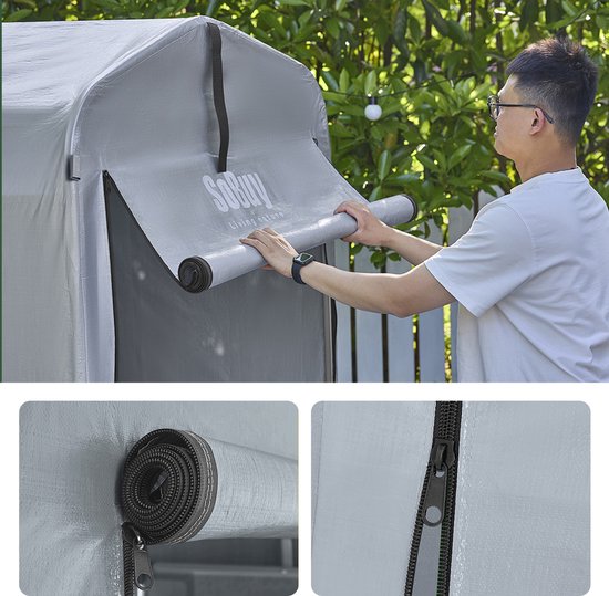 SoBuy Wetterfeste Plane für Fahrradgarage/Werkzeugschuppen, UV-Schutz, Regenschutz, Outdoor-Plane für Garten, Terrasse, silber, 120 x 176 x 163 cm, SDA11-SIL