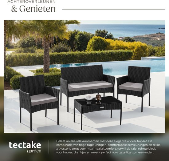 tectake® - Geflecht-Gartenset Palese - Sitzgruppe für 4 Personen - Gartenmöbel-Set mit Loungebank, Gartentisch und 2 Gartenstühlen inklusive Sitzkissen - Gartenmöbel - Wasserfest - Schwarz
