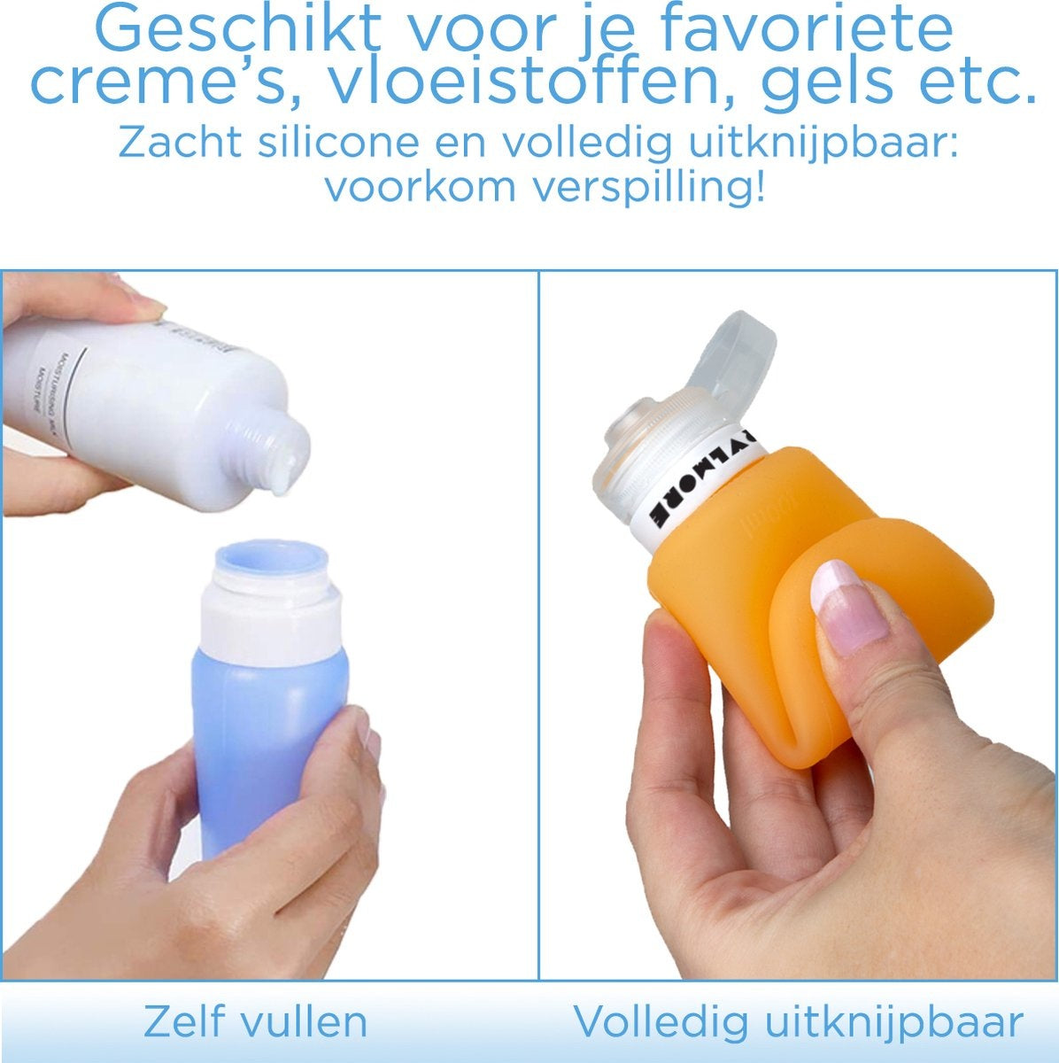 TRVLMORE Silikon-Reiseflaschen - Wiederbefüllbar - Handgepäck - 100 ML - 3 Stück - Orange/Lila/Blau