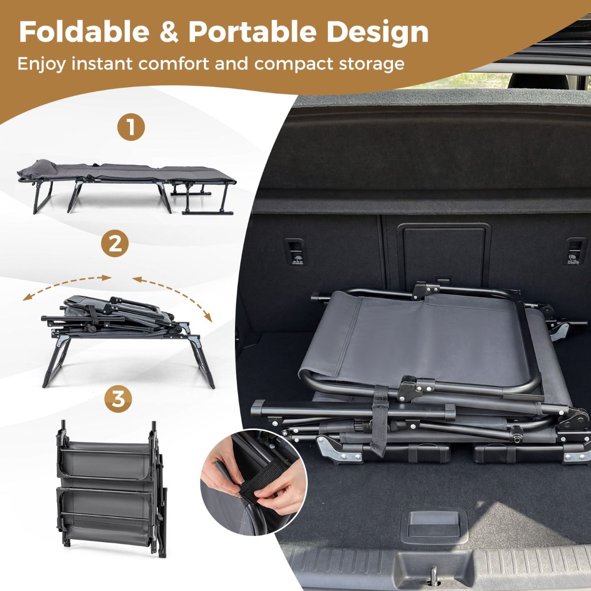 Coast Campingbett 3-in-1 – zusammenklappbares Feldbett und Liegestuhl – 6 Positionen – Grau und Schwarz