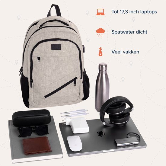 TRVLMORE Rucksack mit Lifetime - Rucksack mit 15.6 Zoll Laptopfach - Schultasche - Spritzwassergeschützt - Männer und Frauen - Jungen und Mädchen - 28L - Champagner