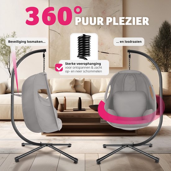 tectake Hängesessel mit Gestell - Schaukelstuhl mit Kissen + Rückenkissen - Möbel für Wohn- oder Schlafzimmer - Balkonmöbel - Für drinnen oder draußen - Bis 160 kg - Hellgrau