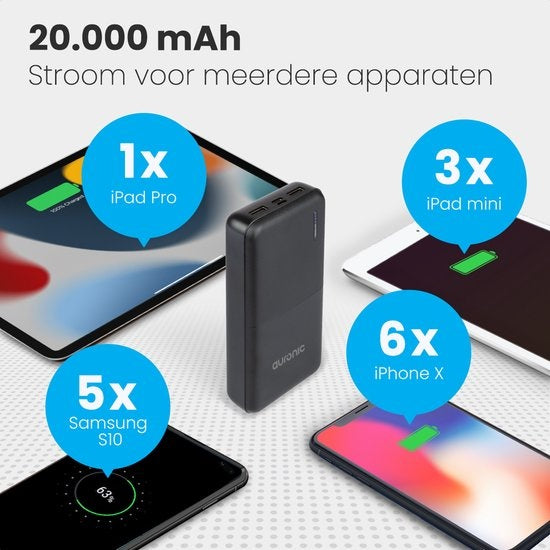 Auronic Powerbank - 20.000 mAh - 4 Anschlüsse - 2,4A USB/Micro-USB/USB-C - Inkl. Kabel - Schwarz