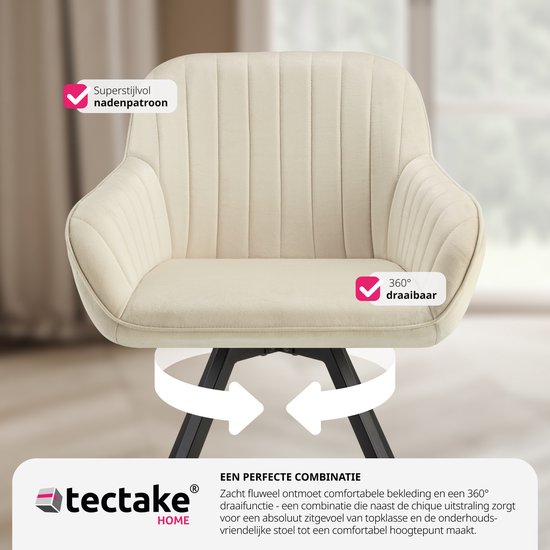 tectake - Esszimmer-Drehstuhl mit Armlehnen - Ergonomischer Schalensessel mit Samtbezug - Gepolstert - Drehstuhl für Wohnzimmer, Esstisch, Arbeitszimmer, Frisiertisch und Küche - Creme