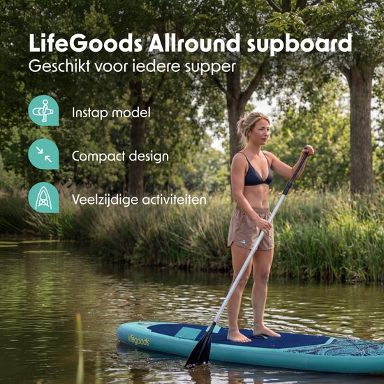LifeGoods SUP Board All-round Compact - mit Sitz - 100 KG Tragfähigkeit - 300 x 76 cm - Aufblasbar - Komplettes SUP Paket - Blau