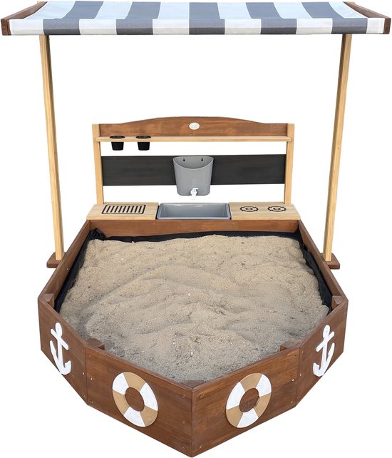 AXI Dora Boot Sandkasten mit Spielküche und Dach (UV50) 160 x 100 cm Anthrazit/Braun – Mit Kreidetafel und Stauraum – Inklusive Bodenplane – 10 Jahre Garantie!