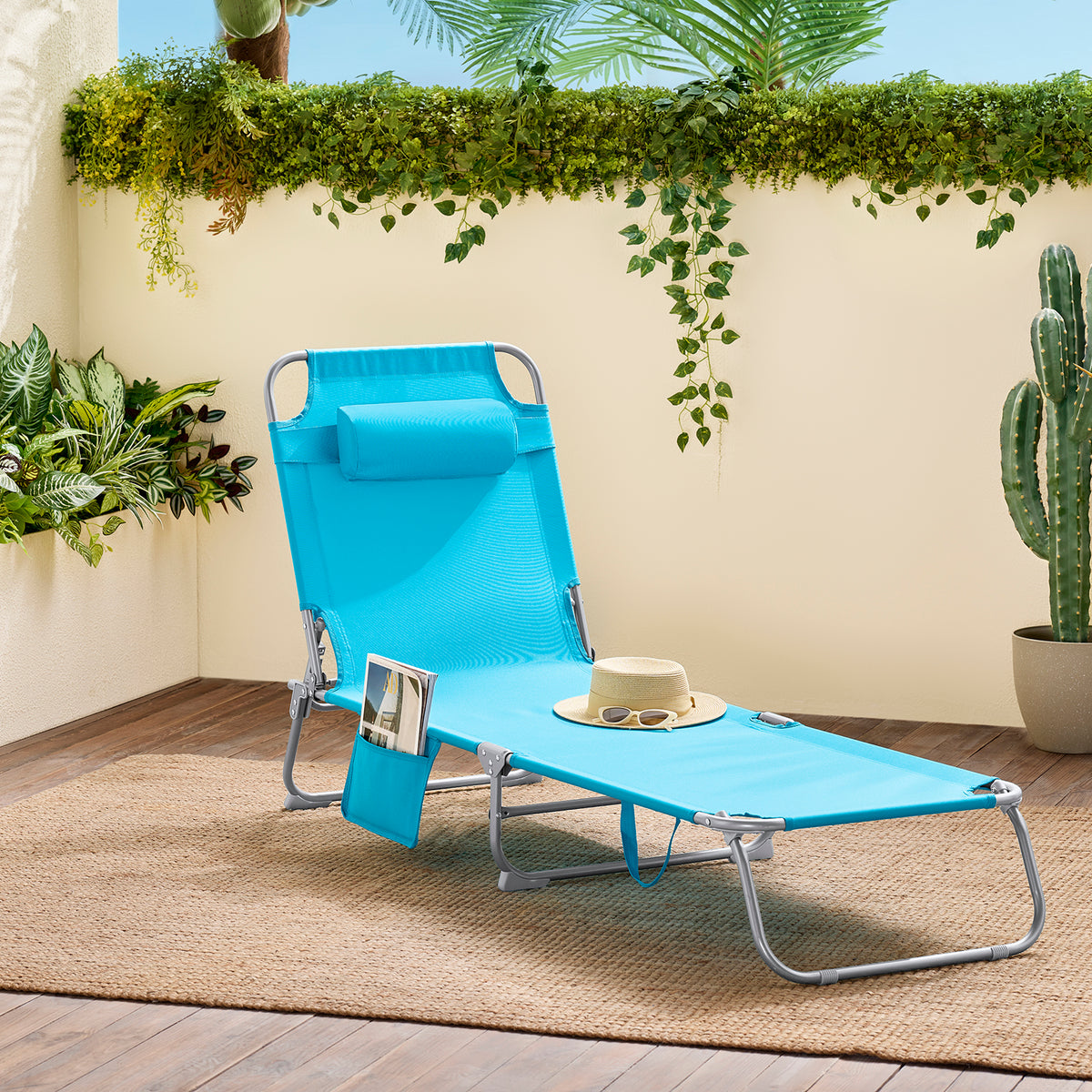 SoBuy Liege Blau - Faltbare verstellbare Gartenliege mit Kopfstütze und Aufbewahrungstasche - 57 x 72 x 14 cm Zusammengeklappt
