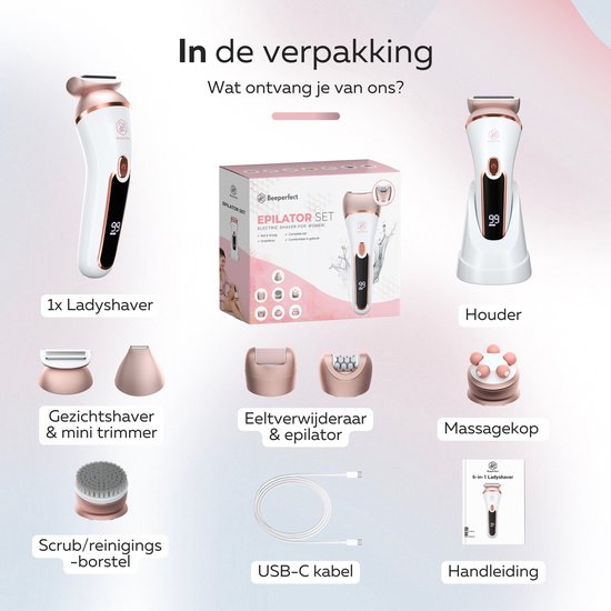 Beeperfect 7 in 1 Epilierer für Frauen - Bikini-Trimmer - Wiederaufladbar - Wasserdicht - 7 Aufsätze - weiß/rosa