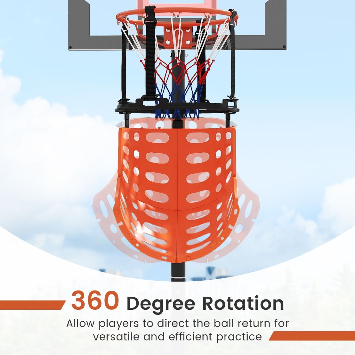 Coast Basketball-Rebounder – um 360 Grad drehbar – einstellbare Rückprallkraft – schwarz und orange