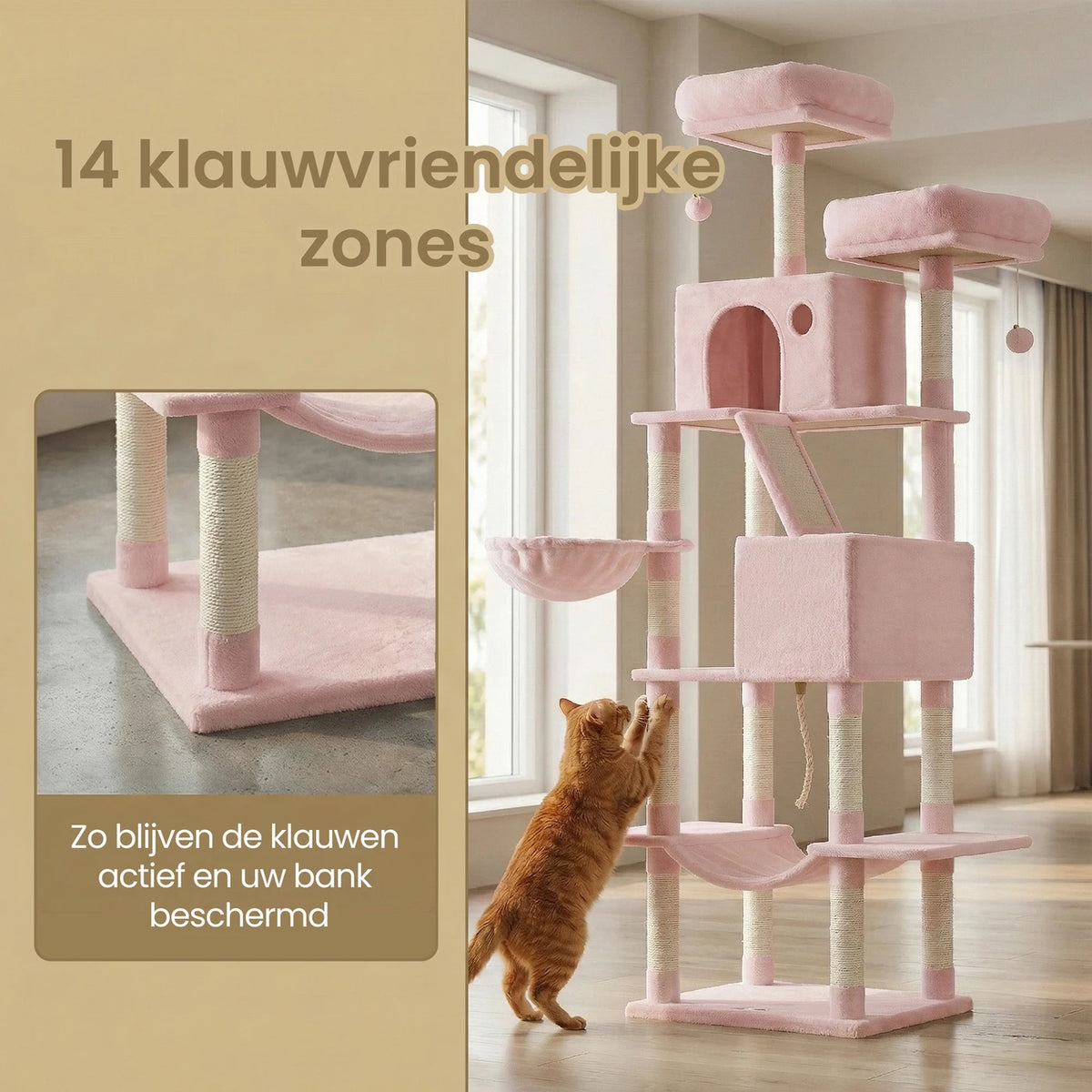 Joyfurnos Kratzbaum 206 cm – XXL-Katzenkletterturm mit 13 Kratzstämmen, 2 Katzenhäuschen und Hängematte – Rosa