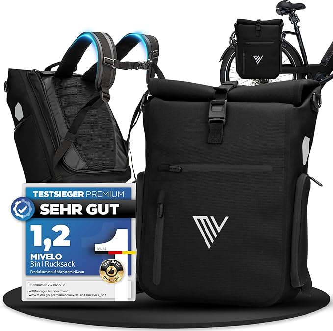 MIVELO 3-in-1-Rucksack & Umhängetasche - Wasserdicht - 25 Liter - Schwarz