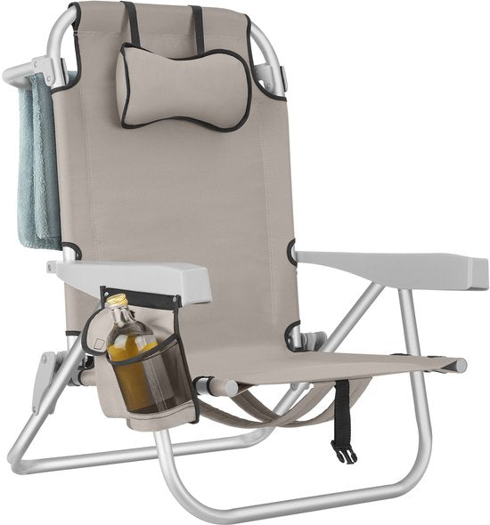 tectake® Beach Chair Coral - faltbarer Campingstuhl mit Kühltasche und Aufbewahrungstasche - 5-fach verstellbare Rückenlehne mit Kopfkissen - breite Armlehnen mit Becherhalter / Telefonhalter - faltbarer Campingstuhl - Beige