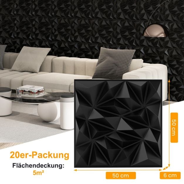 Coast 3D-Wandpaneele „Diamant“ – 40 Stück à 50 x 50 cm – 10 m² – Schwarz