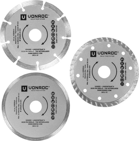 VONROC Diamantscheiben-Satz - Ø125MM - universal - 3 Stück - Segment, Turbo & Full Edge