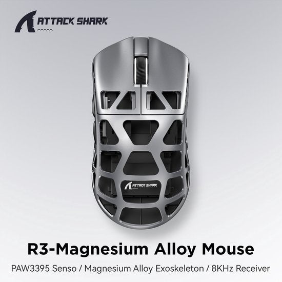 ATTACK SHARK R3 – Kabellose Gaming-Maus – PAW3395 – Ultraleicht (46 g) – Kabelgebunden/2,4 GHz/BT 5.1 – 26.000 DPI – Magnesiumlegierung
