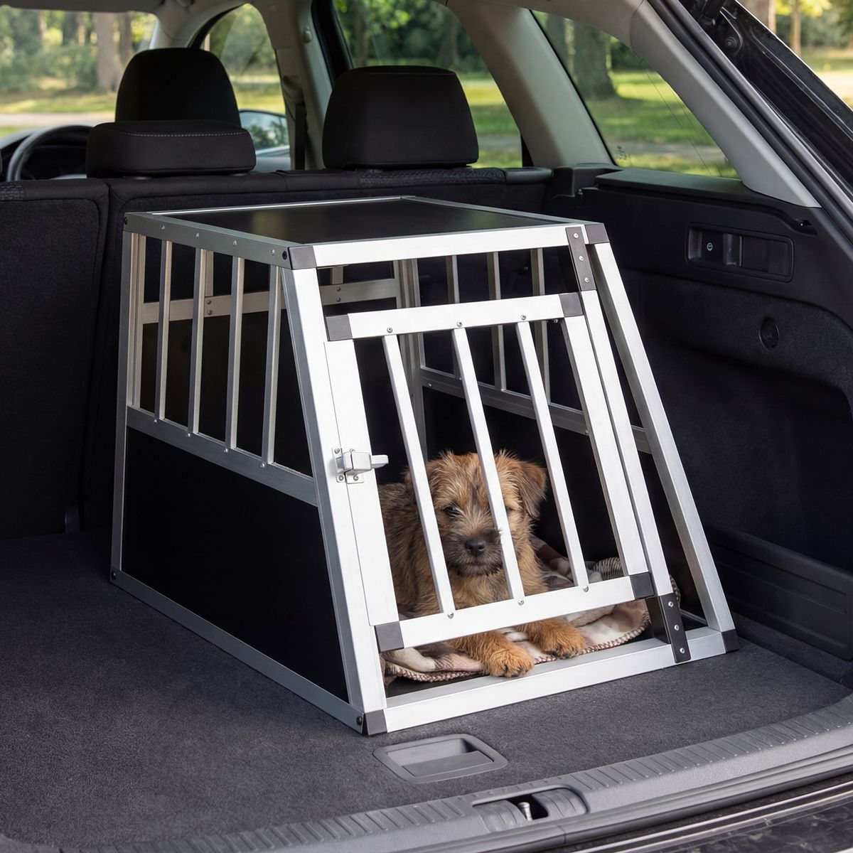 Coast Tiertransportbox – abschließbare Tür – herausnehmbare Trennwand – Aluminium – 69,5 x 54 x 50,5 cm – silber und schwarz