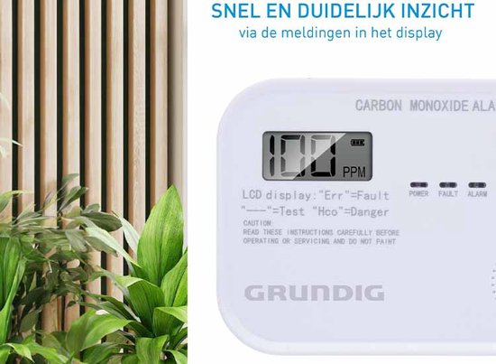Grundig CO-Melder - Kohlenmonoxid-Melder mit 10-Jahres-Batterie - Co-Meter mit LCD-Display, Alarm bei niedrigem Batteriestand und Sensorfehleralarm - Co2-Melder 85dB Alarm - Wandmontage - Weiß