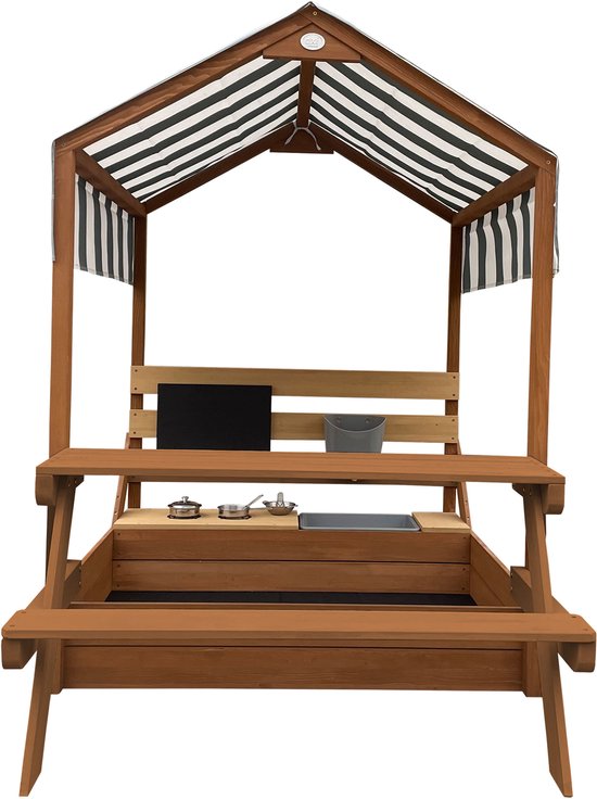 AXI Bo Sandkasten & Spielhaus 159 x 105 cm mit Spielküche und Picknicktisch, braun – FSC-Holz – Mit Kreidetafel und 6-teiligem Sandkasten-Zubehörset – Inklusive Abdeckplane und Bodenvlies – 10 Jahre Garantie