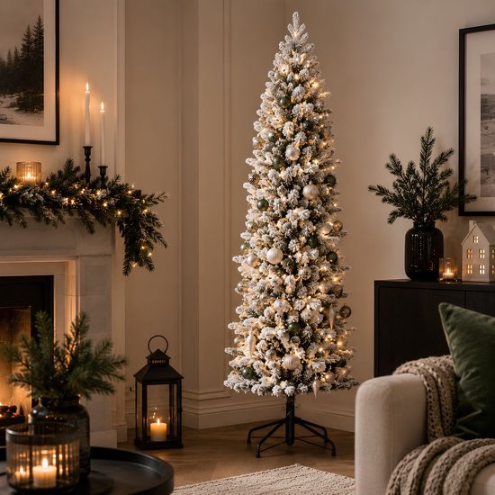 Black Box Trees Harma Slim Weihnachtsbaum mit Schnee und Scharnierkonstruktion für schnellen Aufbau – Kunstbaum für kleine Räume – Weihnachtsdekoration für den Innenbereich – H 185 x Ø 63 cm – Grün, matt