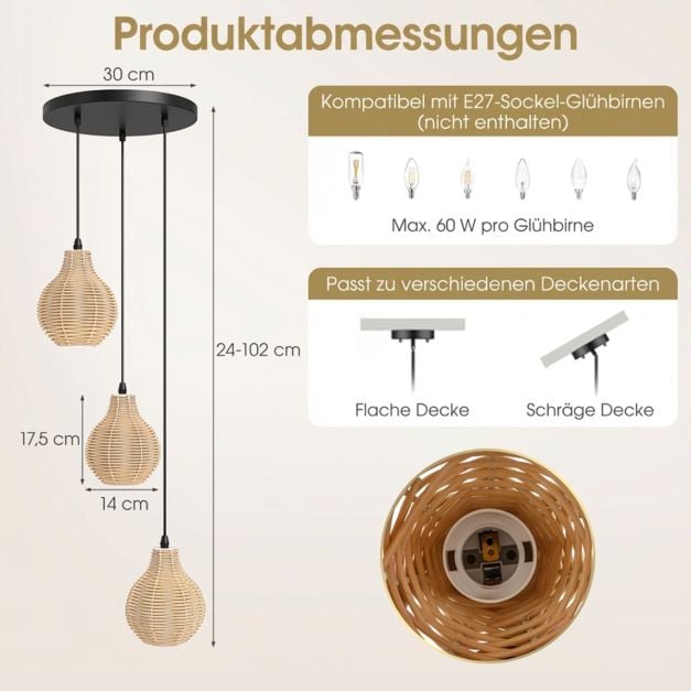 Coast 3-flammige Rattan-Hängeleuchte – Verstellbar 24–102 cm – Ø 30 cm – Schwarz und Beige