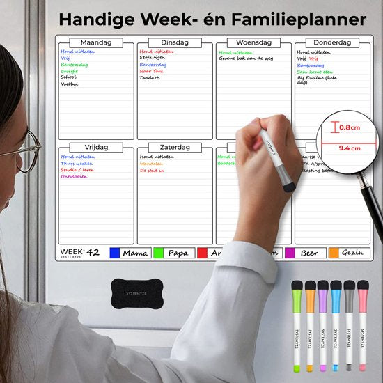 Systemyze Monats- und Wochenplaner Whiteboard Set - Magnetische Planungstafel - Magnetischer Monatsplaner - Inklusive Tages- und Essensplaner, Marker und Radiergummi - Größe A3
