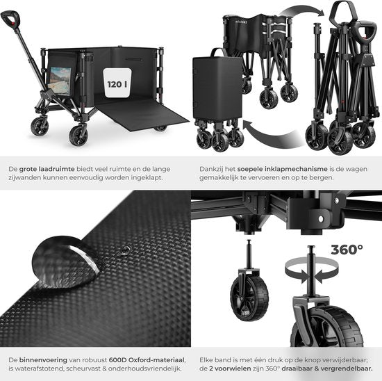 tectake® Handwagen – Zusammenklappbar – 60 kg Tragkraft – Schwenkbare Massivräder – 47 x 83 x 90 cm - Handkarren – Transportwagen – Mit verstellbarer Schiebestange – Handkarren – Wasserabweisender Transportwagen – Mit Ablagebrett und Innenfach