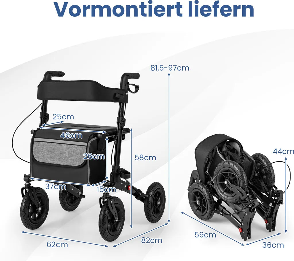 Coast Faltbarer Rollator Schwarz - 2-in-1-Reiserollator mit Sitz und Luftbereifung - 62 x 82 x 81,5-97 cm