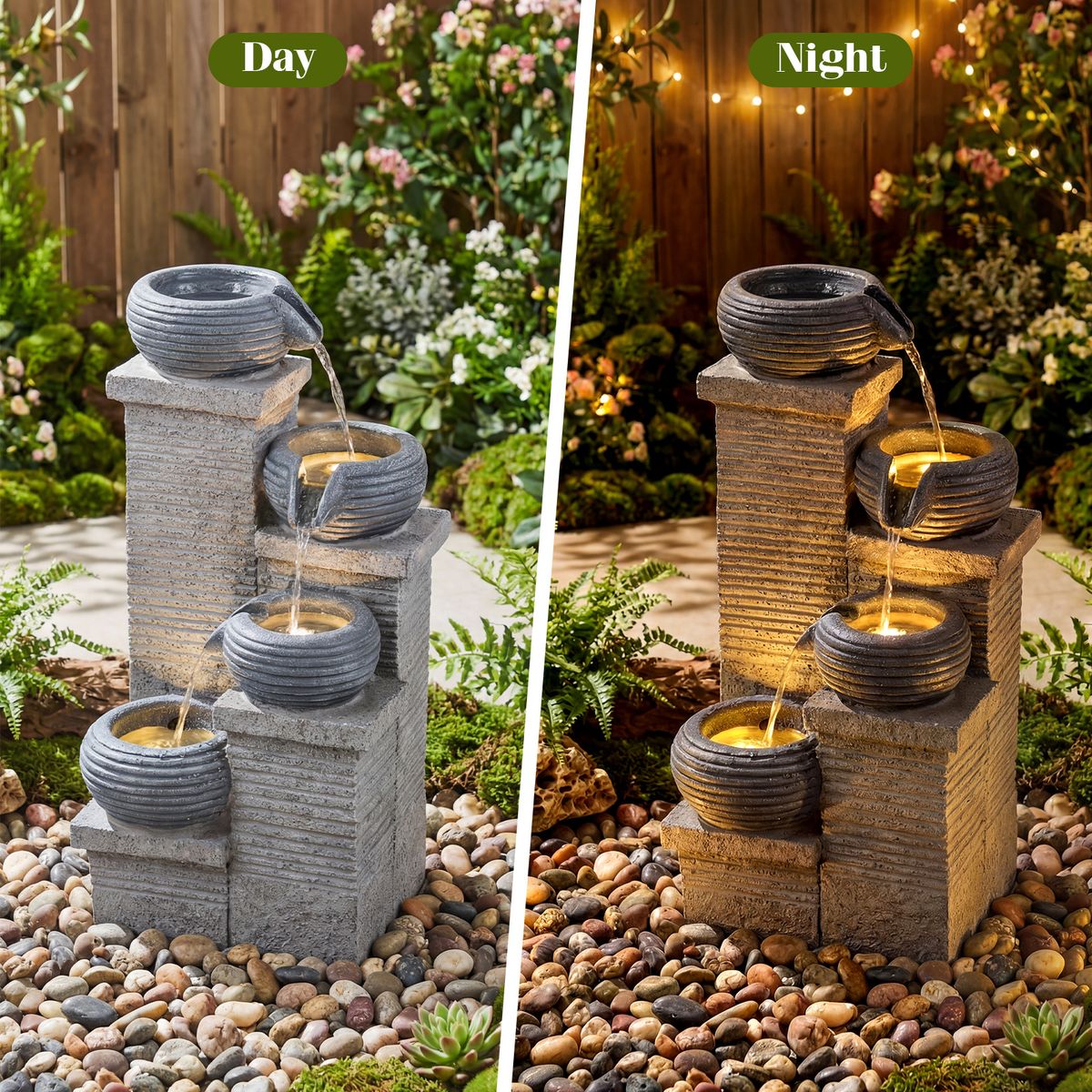 Coast Gartenbrunnen mit LED-Beleuchtung – Vierstufiger Wasserfall – Kunstharz und Glasfaser – Grau 28 x 22 x 58 cm