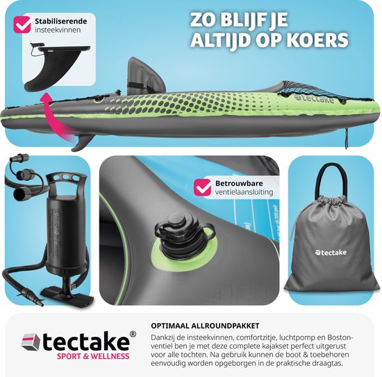 tectake - Aufblasbares Kajak - Aufblasbares Kanu für 1 Person mit Doppelpaddel und Zubehör - Sitz, Pumpe, Transporttasche - Wassersport - Ruderboot