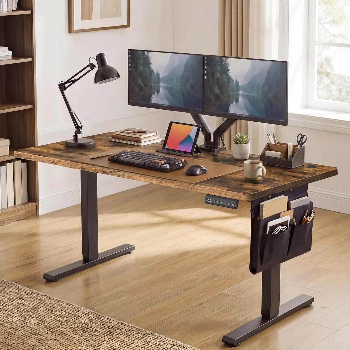 JOYFURNOS Elektrisch höhenverstellbarer Schreibtisch 180 x 80 cm – 72–120 cm – Vintage-Braun & Schwarz – Speicherfunktion – 70 kg