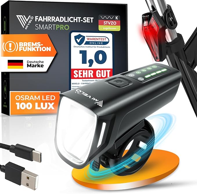 Mivelo Smart LED-Fahrradlicht vorne und hinten - 11 Stunden Akkulaufzeit - wiederaufladbar