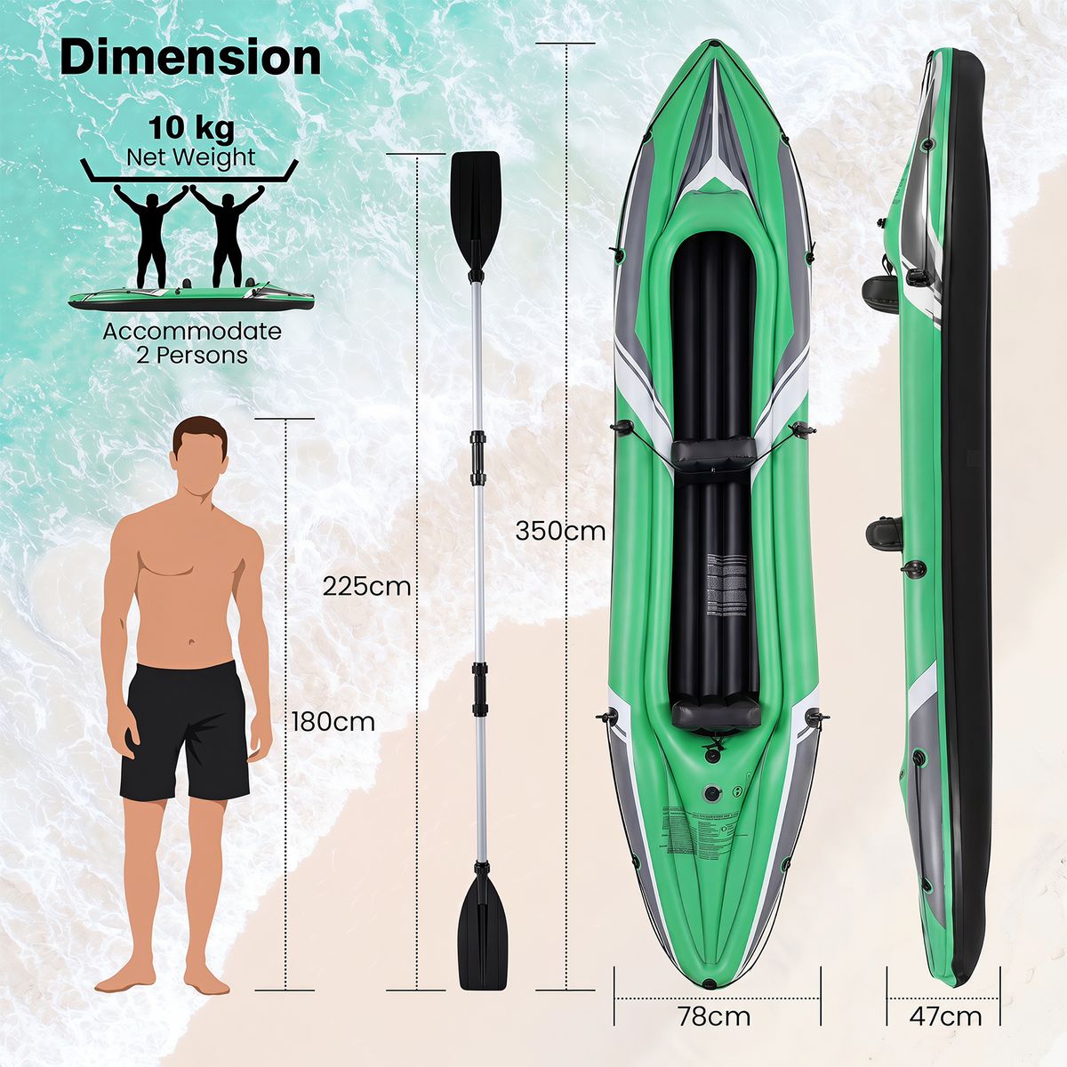 Coast aufblasbares Kajak für 2 Personen – verstärktes PVC – mit Aluminium-Paddeln und Rückenlehnen – grün/schwarz 350 x 78 x 47 cm