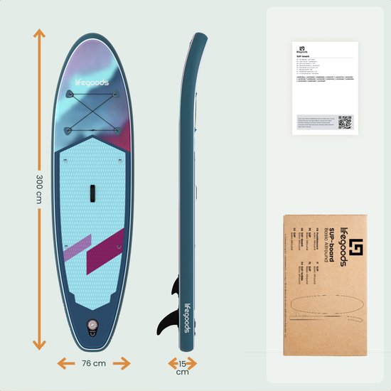 LifeGoods SUP Board All-round Compact - mit Sitz - 100 KG Tragfähigkeit - 300 x 76 cm - Aufblasbar - Komplettes SUP Paket - Blau/Lila