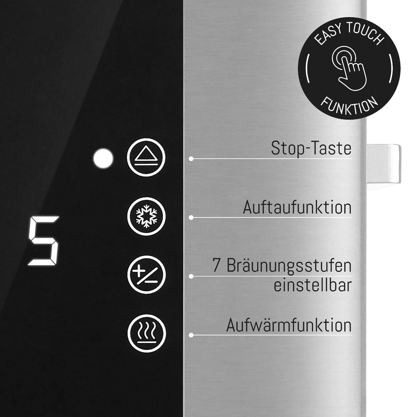 LEBENLANG Toaster - Touchscreen LED-Display - 4 Scheiben mit Brötchenaufsatz - 7 Bräunungsstufen - 1400 W - Silber