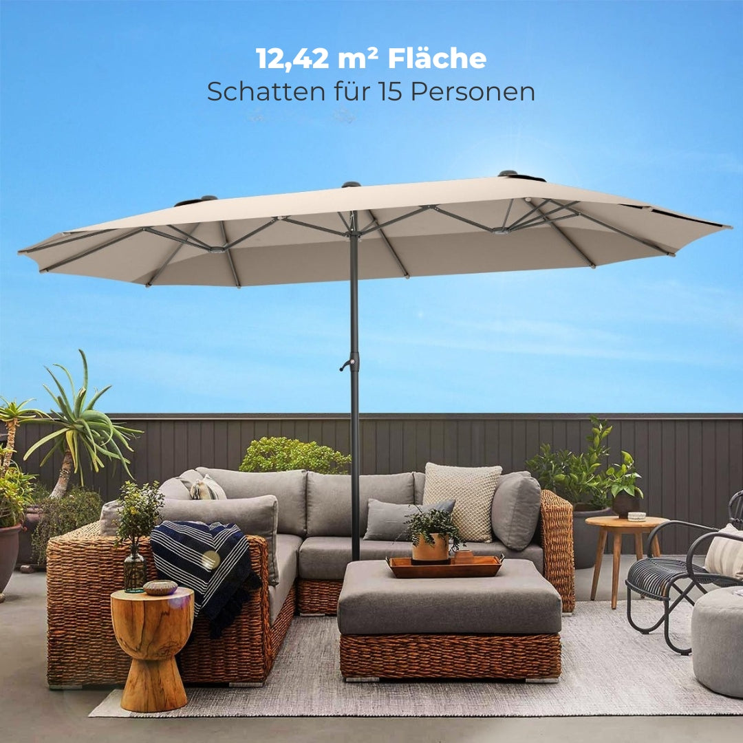 LifeGoods Doppelter Sonnenschirm - 270x460cm - Bis zu 15 Personen - Wasserdicht - Mit Bezug - Taupe
