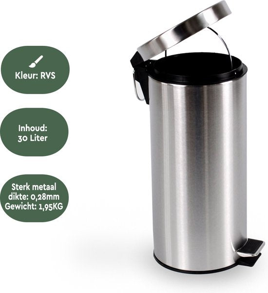 BRASQ Treteimer 30 Liter - Edelstahl - PB130 - Mülleimer mit herausnehmbarem Treteimer - Mülleimer - Abfalleimer - Abfalleimer