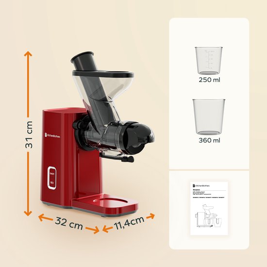 KitchenBrothers Slowjuicer - Mini-Entsafter - Gemüse- und Obstpresse - 40 mm und 50 mm Einfüllöffnung - 400 ml - Rot