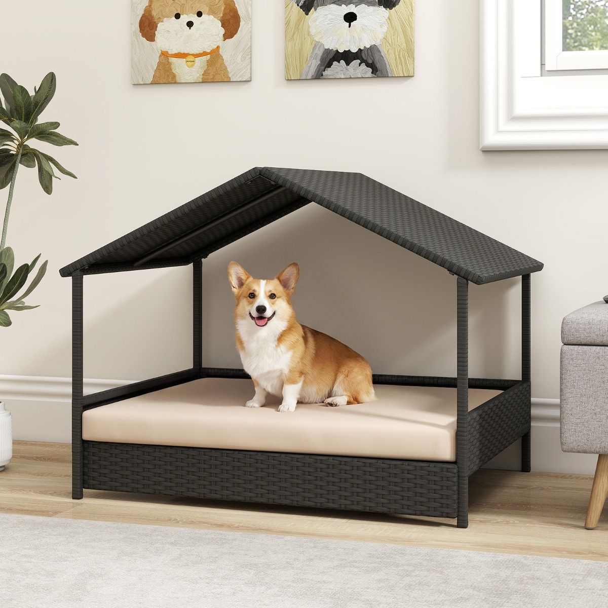 Coast Hundekorb mit Baldachin – Erhöhte Rattan-Hundecouch – Inklusive Kissen – Beige