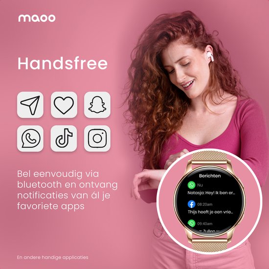 Maoo Ventura AMOLED Smartwatch Damen - Edelstahl und 3x Silikonband - Schrittzähler - Herzfrequenzmesser - Schlafüberwachung - Multisport - Geeignet für Android und iOS - Rose Gold und Pink