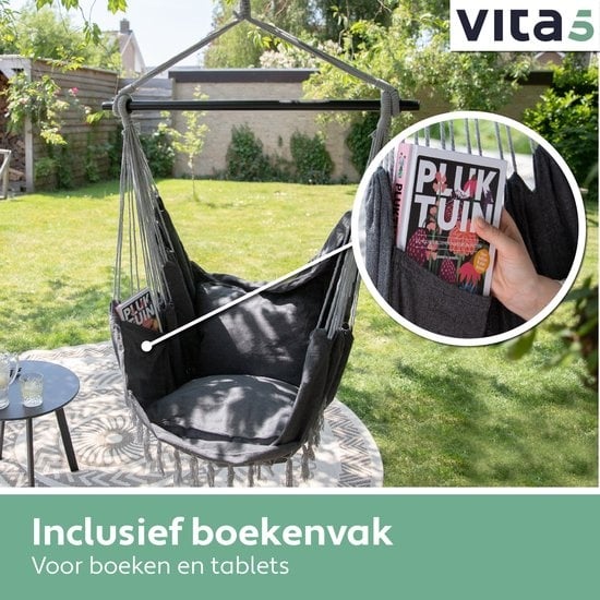 Vita5 XXL Hängesessel | Indoor/Outdoor Hängenest | Inkl. 2 Kissen und Buchbox | Erwachsene & Kinder | Hängesessel bis zu 200kg | Dunkelgrau
