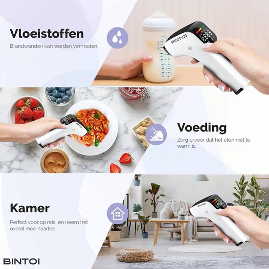 Bintoi® Thermometer Stirn - Temperaturmesser - Körperthermometer - Ohrthermometer - Fieberthermometer für Erwachsene und Babys - Sofortige Messung in 1 Sekunde - Einfaches Ablesen im Dunkeln - Inklusive Batterien.