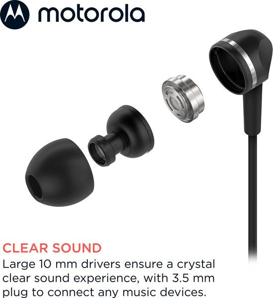 Motorola Ohrstöpsel mit Kabel 105 - In-Ear Ohrstöpsel - Inkl. 6 Silikon Ohrstöpsel in S, M und L - In-Line Mikrofon - Kristallklarer Klang - Schwarz