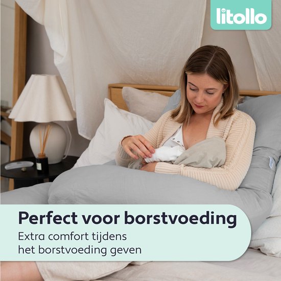Litollo® Schwangerschaftskissen XXL – Stillkissen – Körperkissen – Body Pillow – 280 cm – Abnehmbarer Bezug – Grau